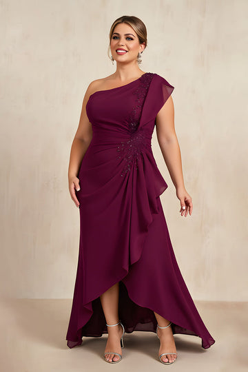 Une épaule en mousseline de soie bordeaux Robe de la mère de la mariée avec appliques